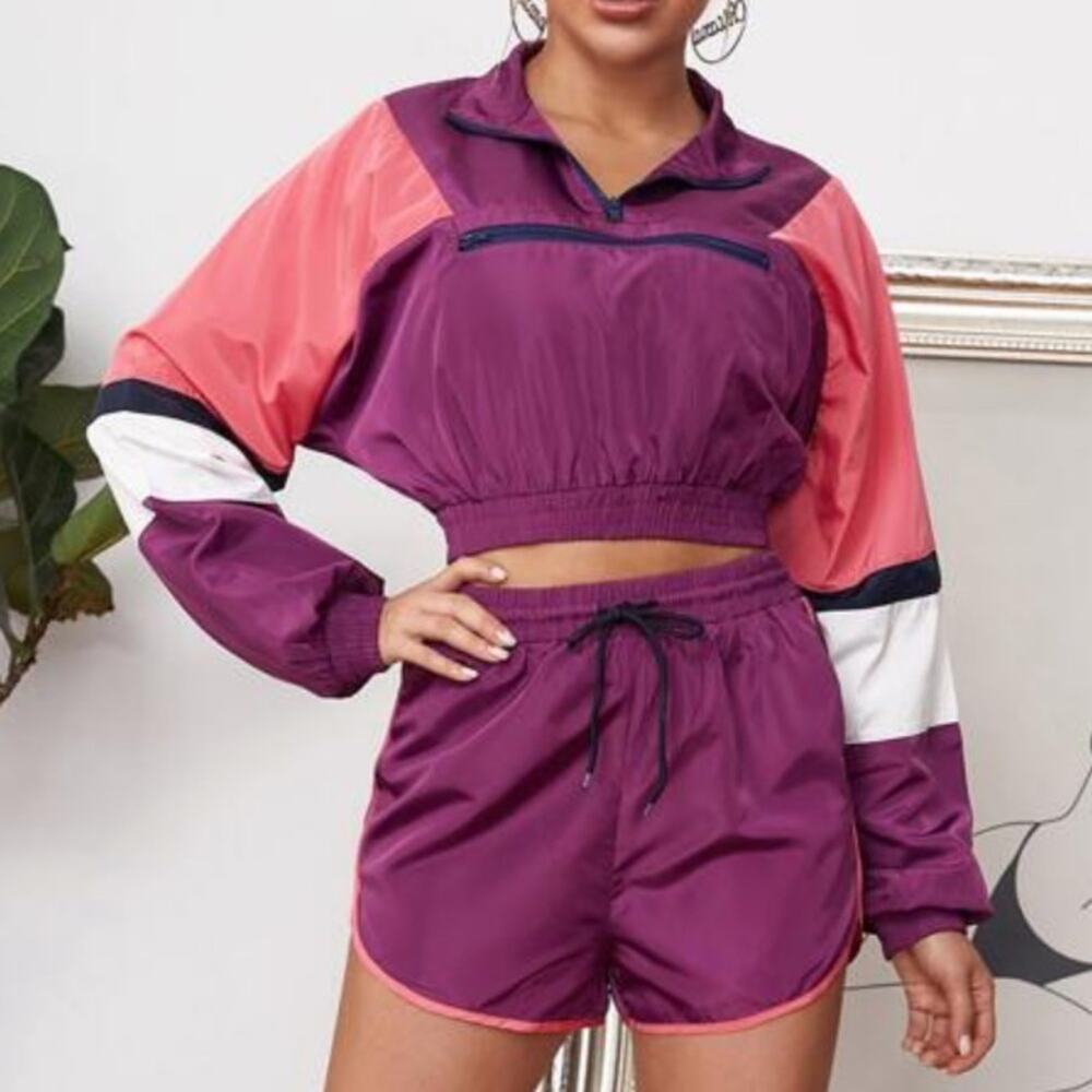 SHEIN Zip Front Colorblock Anorak Wind Crop Jacket purple pink MEDIUM